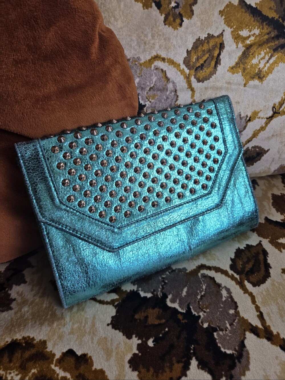 Metallic Teal Studded Envelope Clutch - Women